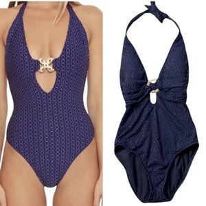 Trina Turk Olympia Ring Front Plunge Halter Neck One Piece Swimsuit Crui…